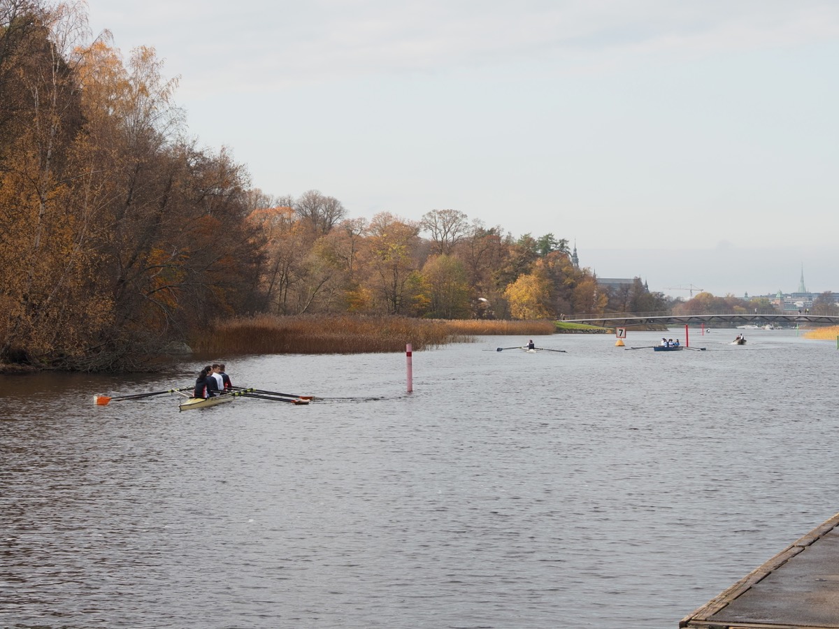 A scull passing a race marker on an autumn canal, more boats beyond